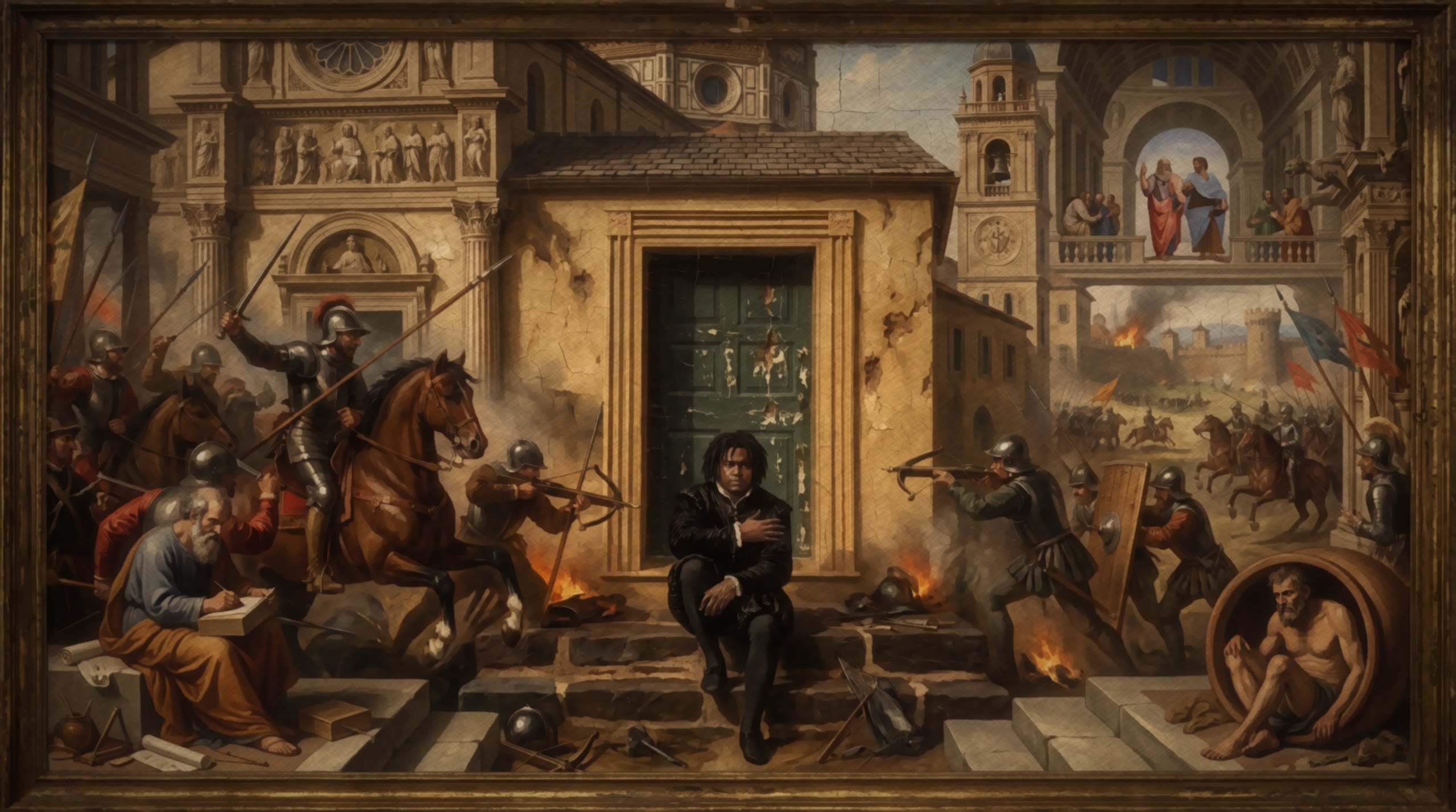 Bigg Shamm seated in Florentine Renaissance grandeur amidst philosophers and battle scene